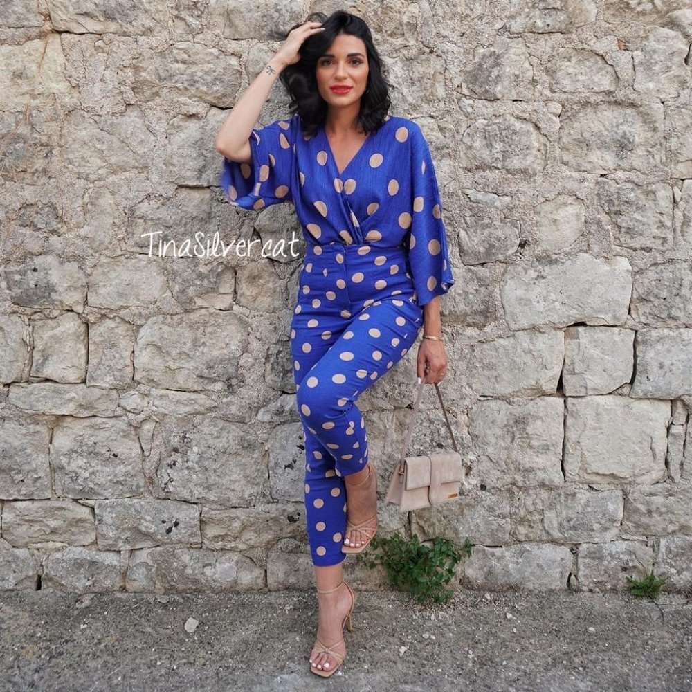 BLOGGER'S FAVE! Zara 2 Piece Pants Set And Top Blue White Polka Dot NWT - Picture 7 of 17